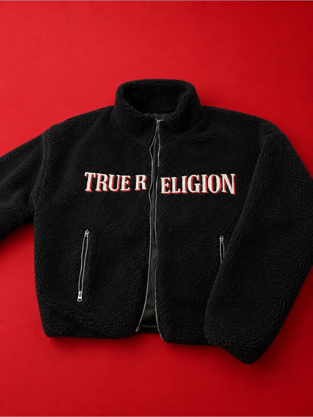 True Religion Black Sherpa Zip-Up Jacket with Red-Trim Logo